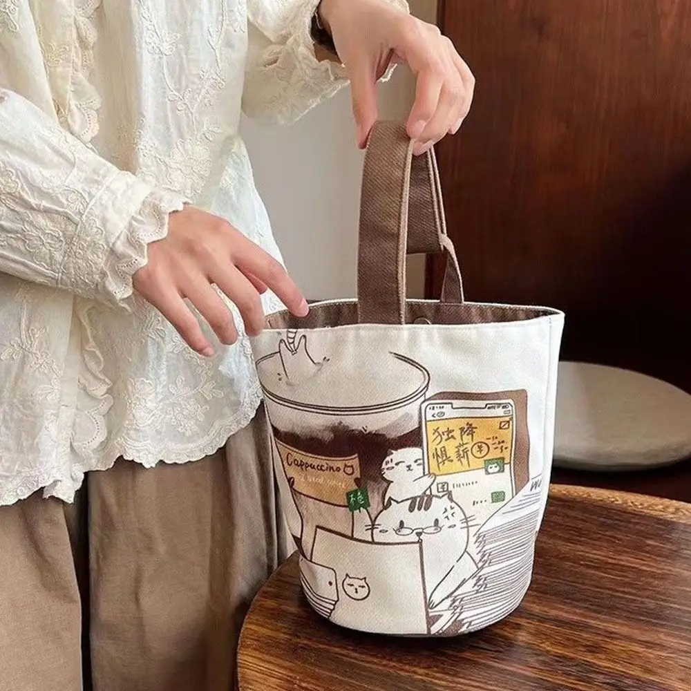 

Sweet Large Capacity Cartoon Coffee Cat Bucket Bag Korean Style Canvas Handbag Mummy Bag Shopping Bags Tote Bag Lunch Bag Girls