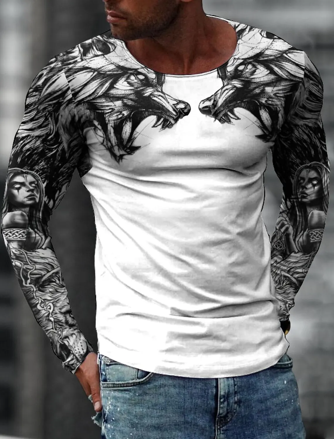 

Autumn Simple Design Long Sleeve T-Shirt For Men 3D Print Wolf Pattern Vintage Cool Hip Hop Style Pullover Loose Comfortable Top