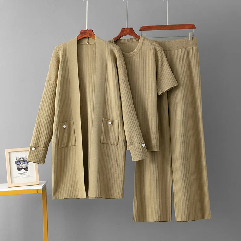 

Knitted Set Women's Autumn and Winter Mid Length Cardigan Jacket+short Sleeved Top+wide Leg Pants Three Piece Set