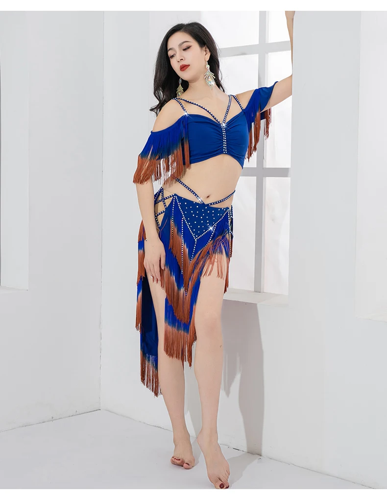 Girls Drum Solo Dance Competition Fringes Hip Skirt Contrast Color Outfit Sexy V Neck Belly Dance Costume Set 2pcs Top Skirt