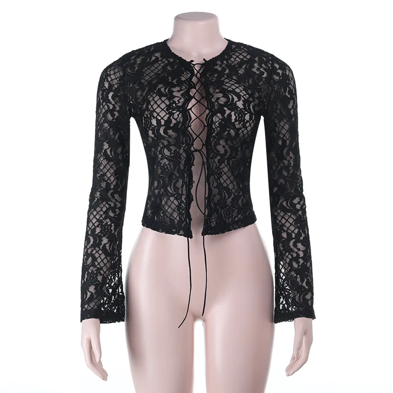 

Sexy Lace Hollowed out Long Sve T-irt Women's High Waist Long Pants Cosite Fabric Thin Autumn Season High Waist Skirt...