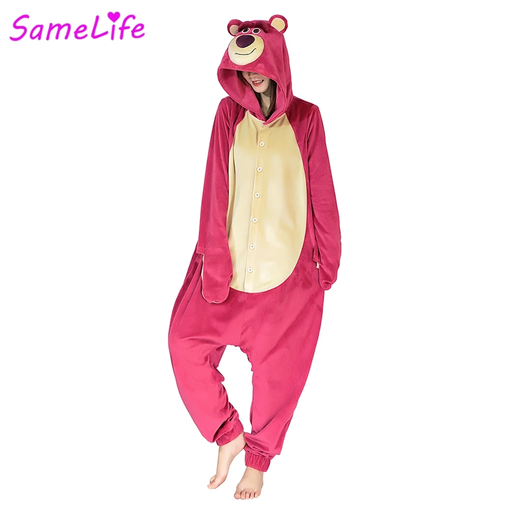 Strawberry Pink Bear Cosplay Fantasy Flannel Pajamas Sleepwear Cartoon Costume Disguise Halloween Women Roleplay Party Outfits