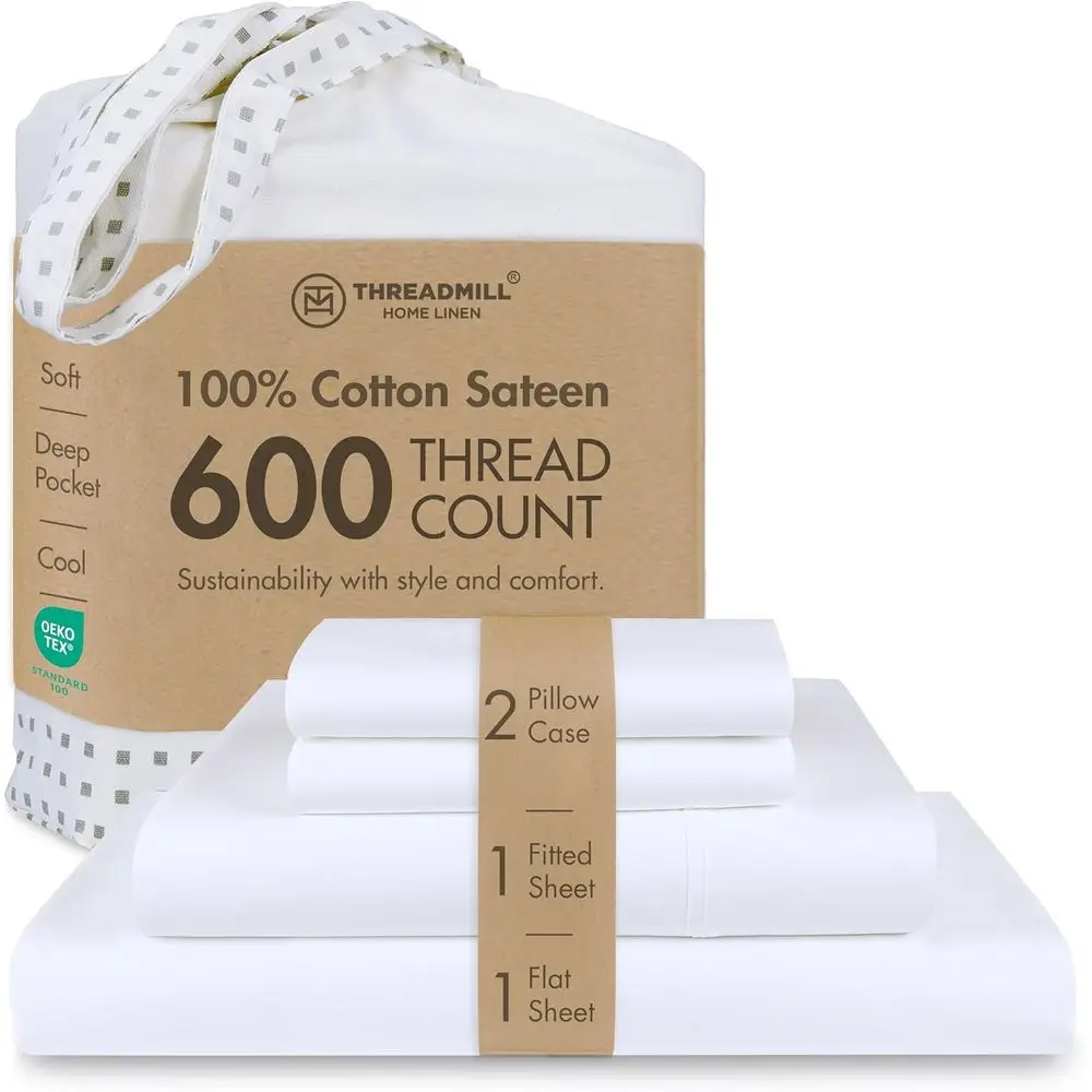 

600 Thread Count Cotton Queen Sheets Set with 16 Pocket, 4-Piece Satin Weave Bedding with Cooling Effect, White