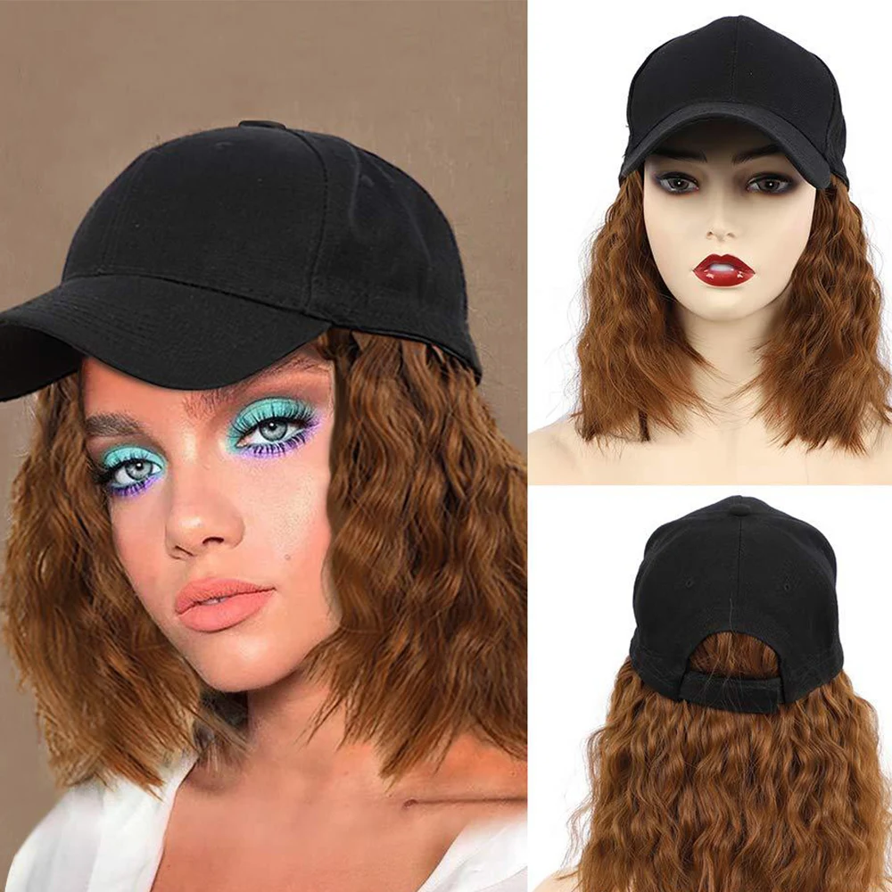 12 in Adjustable Short Wavy Bob Hat Sythetic Wig For Women Hair Extensions Baseball Cap  High Temperature Fiber Water Wave Wig