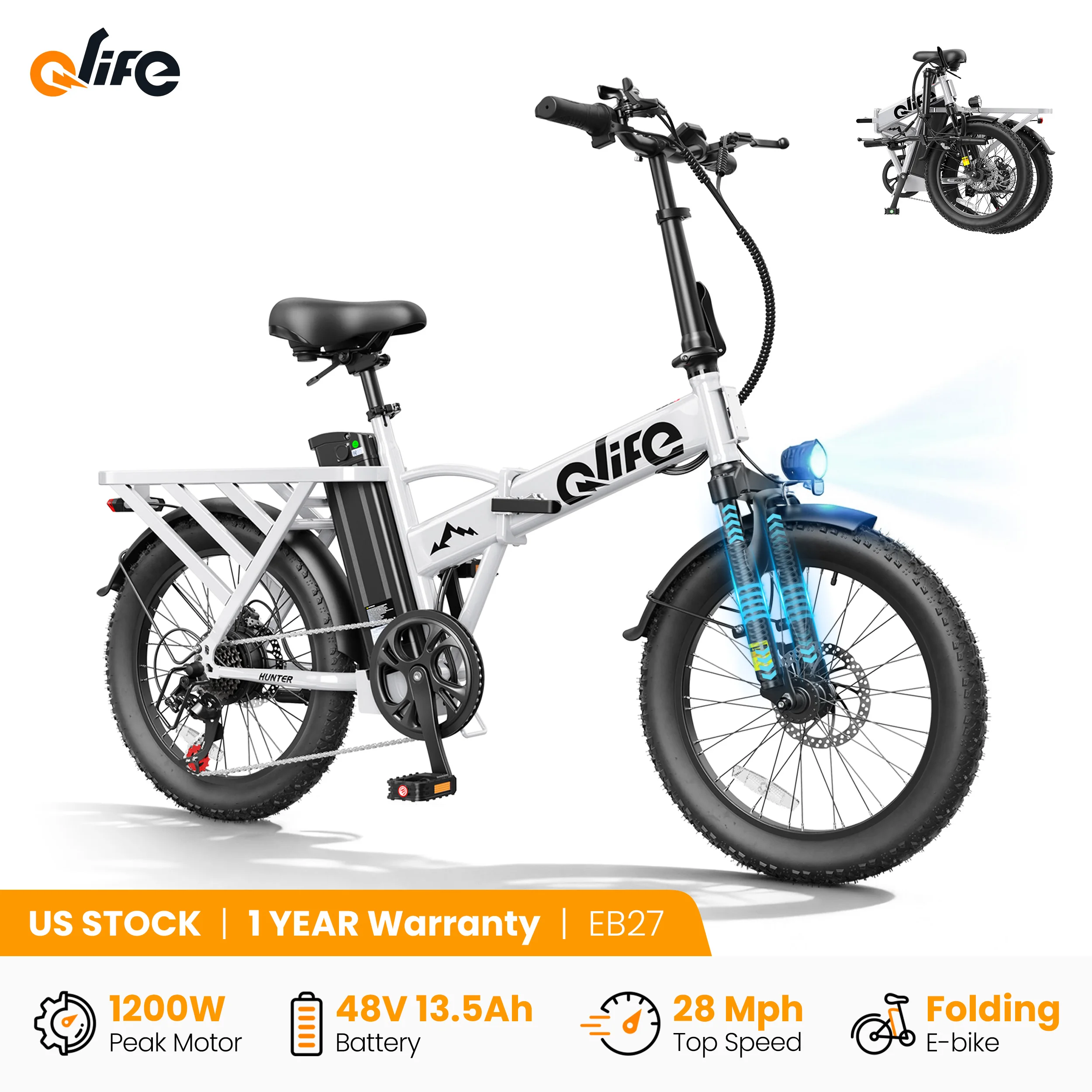 Qlife Hunter Electric Bike for Adults, 1200W Peak Motor 48V 13.5Ah Battery, 20