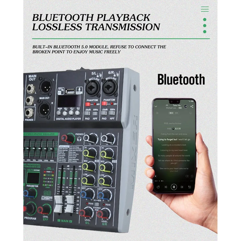 Professional Audio Mixer 6 Channel Built-In 99DSP 7-Segment Balanced Effect Bluetooth Support Recording Mixer