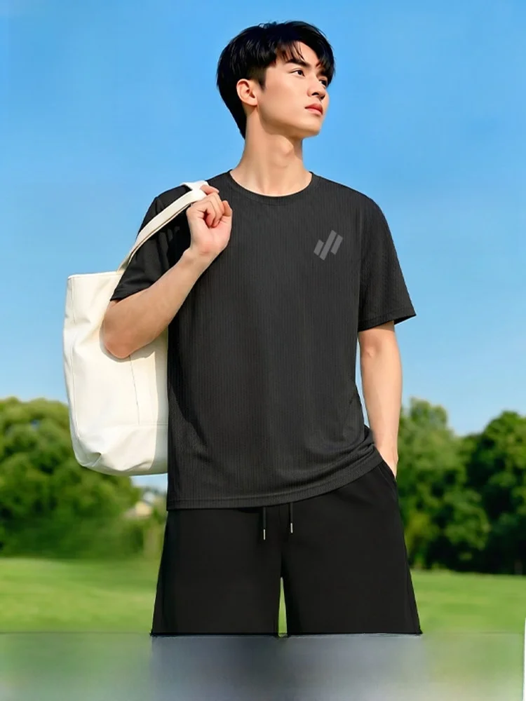ジーンズウェスト-アイスシルク-メンズ-夏-薄手-涼感-半袖-tシャツ-ショートパンツ-速乾-スポーツ-ツーピースセット-カジュアルウェア