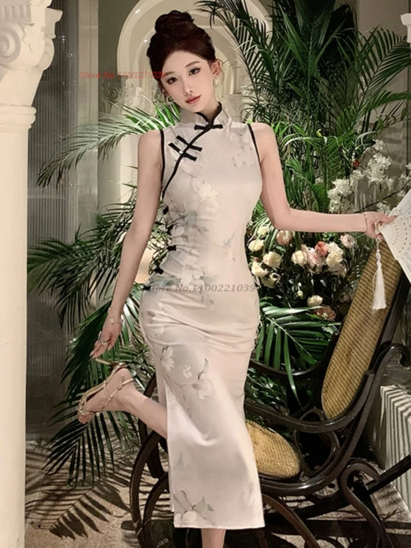 

2026 chinese sexy qipao sleeveless cheongsam vintage flower print qipao traditional nightclub banquet evening dress vestido