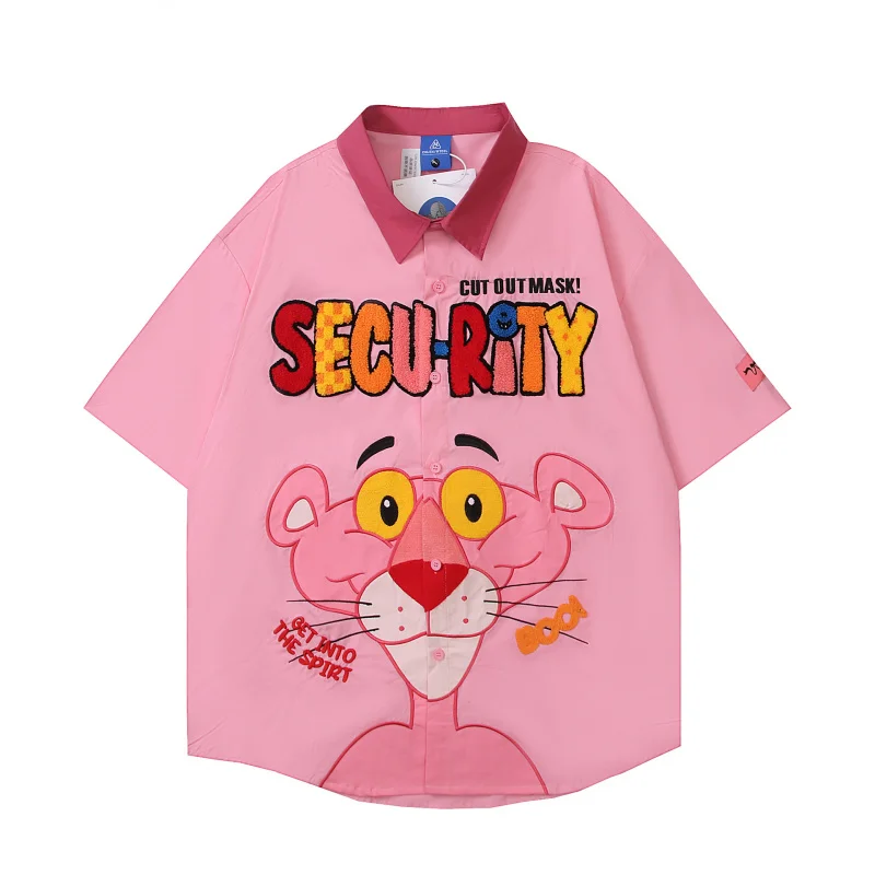 

MAQVOB EU US Size Fun Cartoon Pink Leopard Embroidered Short Sleeve Shirt Male and Female Luxury Brand Loose Casual Shirt