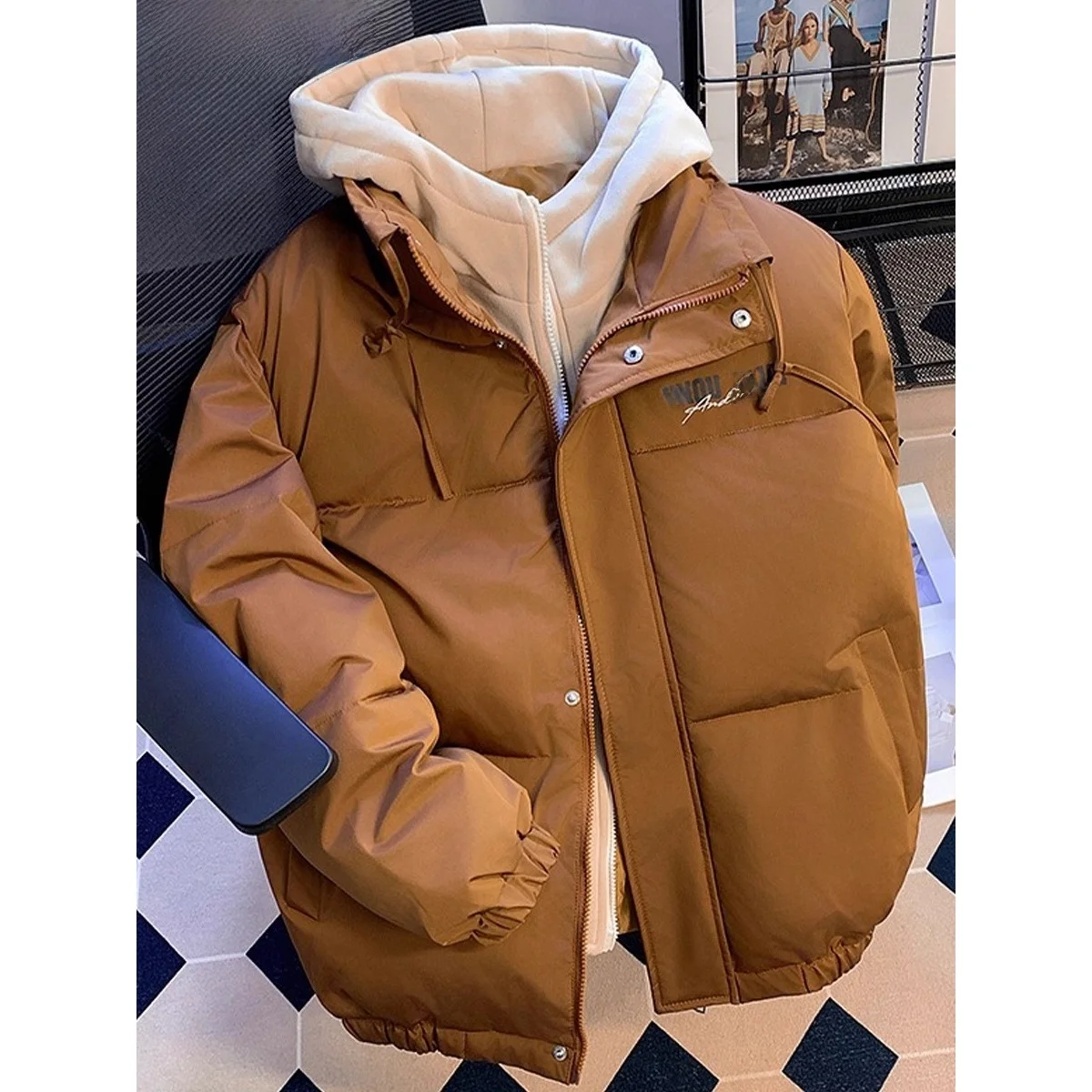 

Autumn Winter Large Size Hooded Fake Two-Piece Cotton Jaet Men's Outerwear Warmth 250 Pou New Sle Thermal Cotton Coat