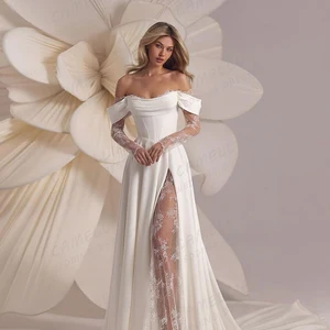 Einfache Brautkleider Eine sexy Linie Eine Split Line Applikes Kleider der Hochzeit von Frauen außerhalb der Schulter ein satineleganter kundenspezifischer Kleider 9 Hauptverkaufskleid Braut Luxus -Satin - №5