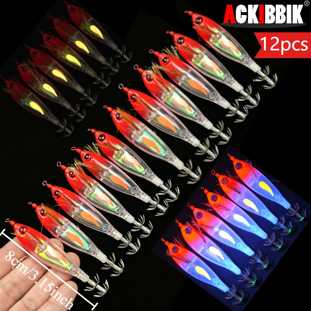 12pcs 8cm Egi Set Horizontal Squid Jig Squid Lure UV Flash Tinsel Stable Horizontal Stain Steel Hook For Eging Fishing