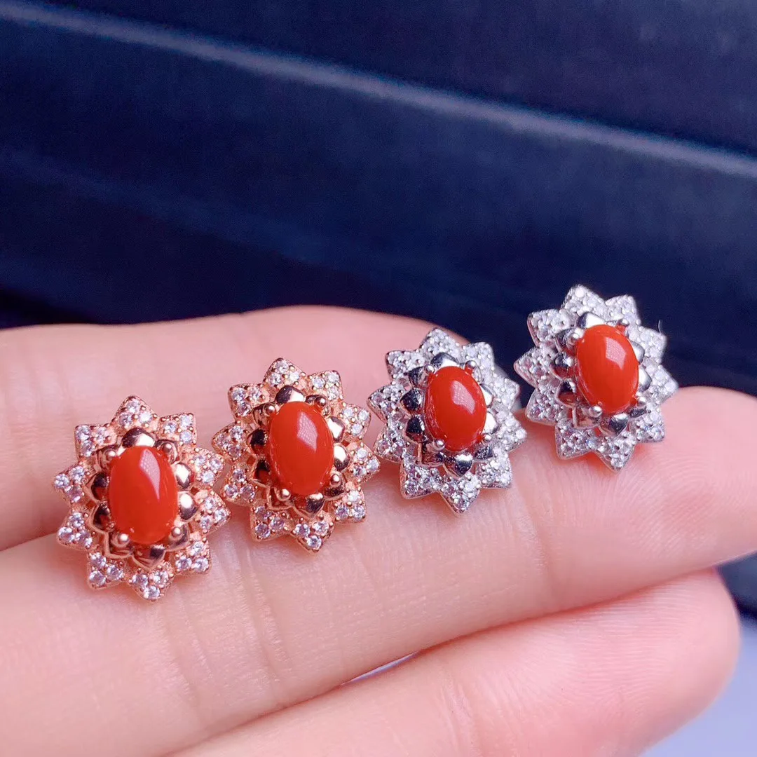 925 Sterling Silver Inlaid Natural Red Coral Necklace Ring Earring Suit Support Detection Fashion