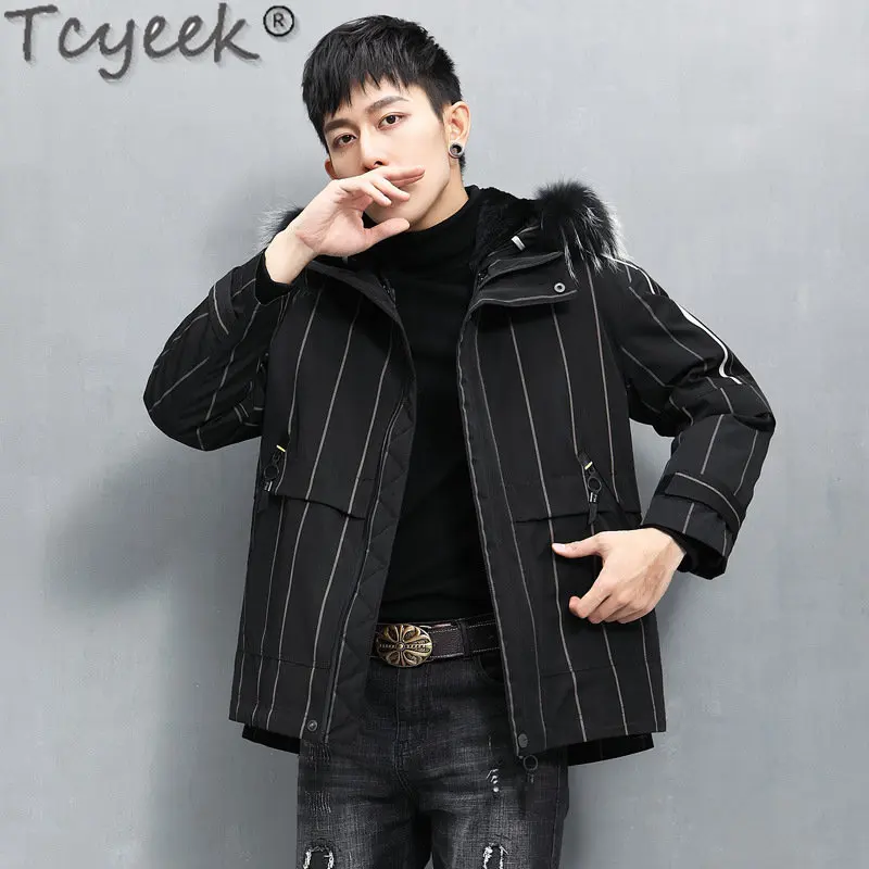 Tcyeek-Chaqueta corta de piel auténtica para hombre, Parka informal con forro de piel de conejo, Cuello de piel de mapache con capucha, ropa de invierno, 2023