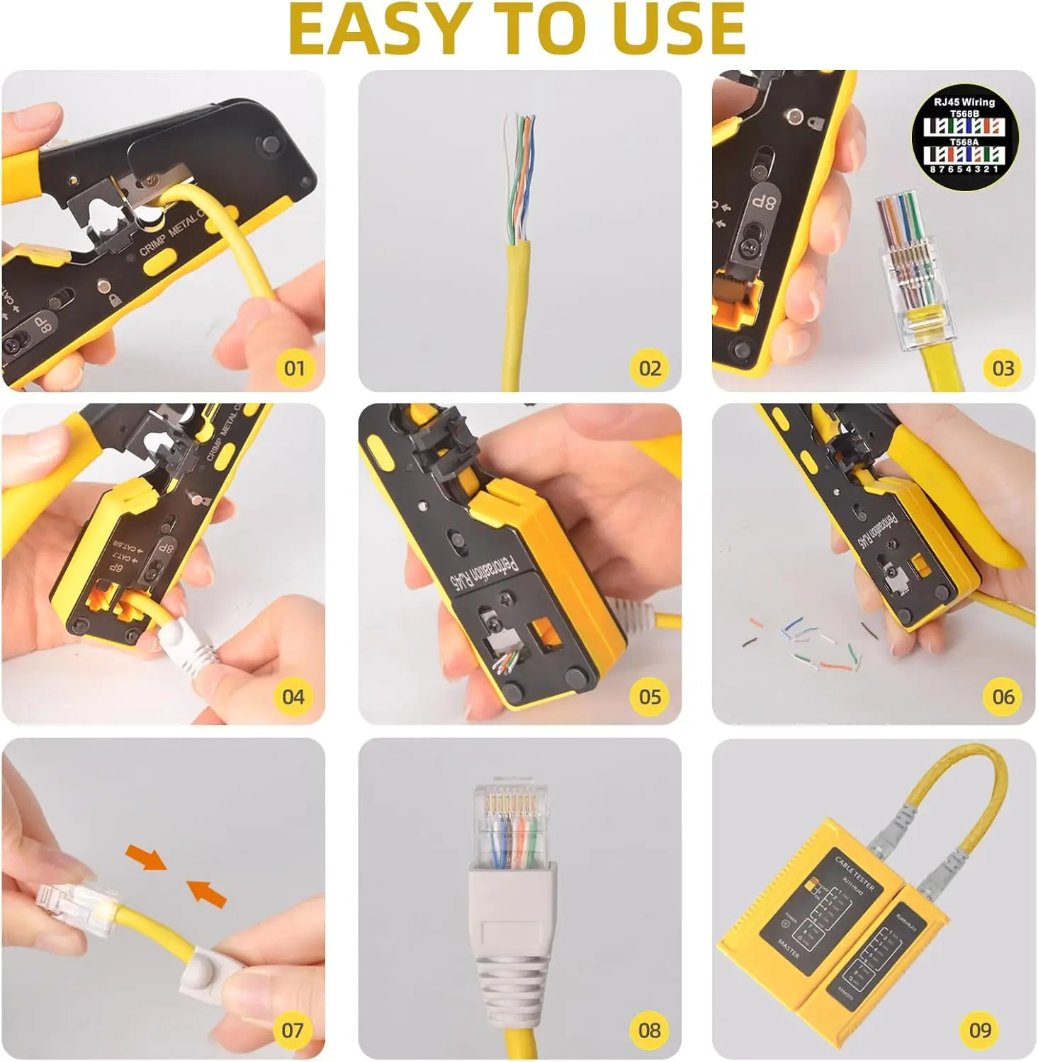 Denswire Pass Through RJ45 Crimping Tool, Stripping Taglio Crimpatura Ethernet Crimper per connettori RJ11 RJ45 Cat8/7/6A/6/5E