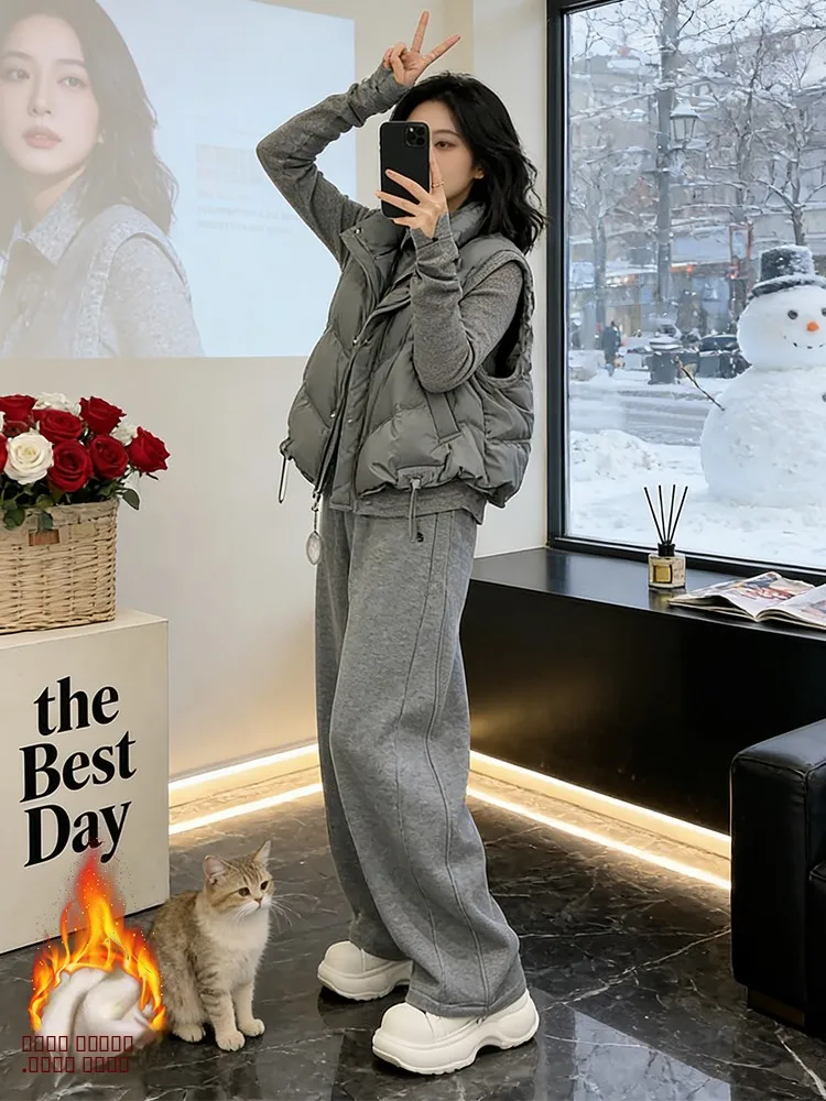 

Охлаждающий пониженный повседневный комплект, женский зимний новый корейский жилет с широкими штанинами, комплект футболок, модный комплект для поездок на работу