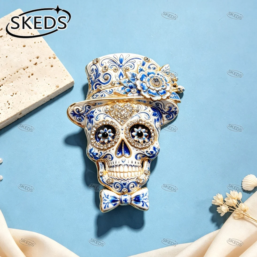 SKEDS Vintage Gothic Sugar Skull Brosche Strass Zylinderhut Fliege Calavera Anstecknadel Halloween Dia De Los Muertos Kleidungsdekoration – Detail 2