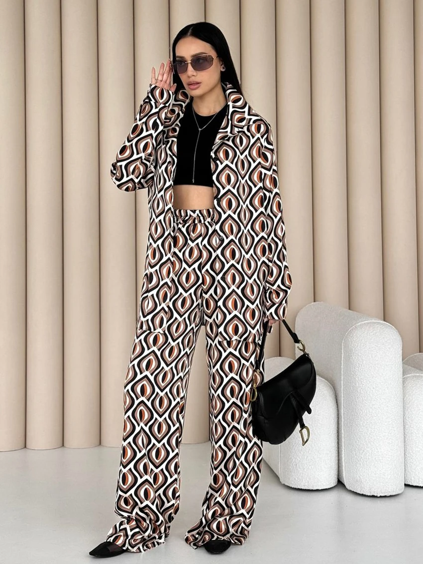 Marthaqiqi Printing Ladies Nightgowns 2 Piece Suits Turn-Down Collar Pajamas Long Sleeve Nightwear Wide Leg Pants Sleepwear Set