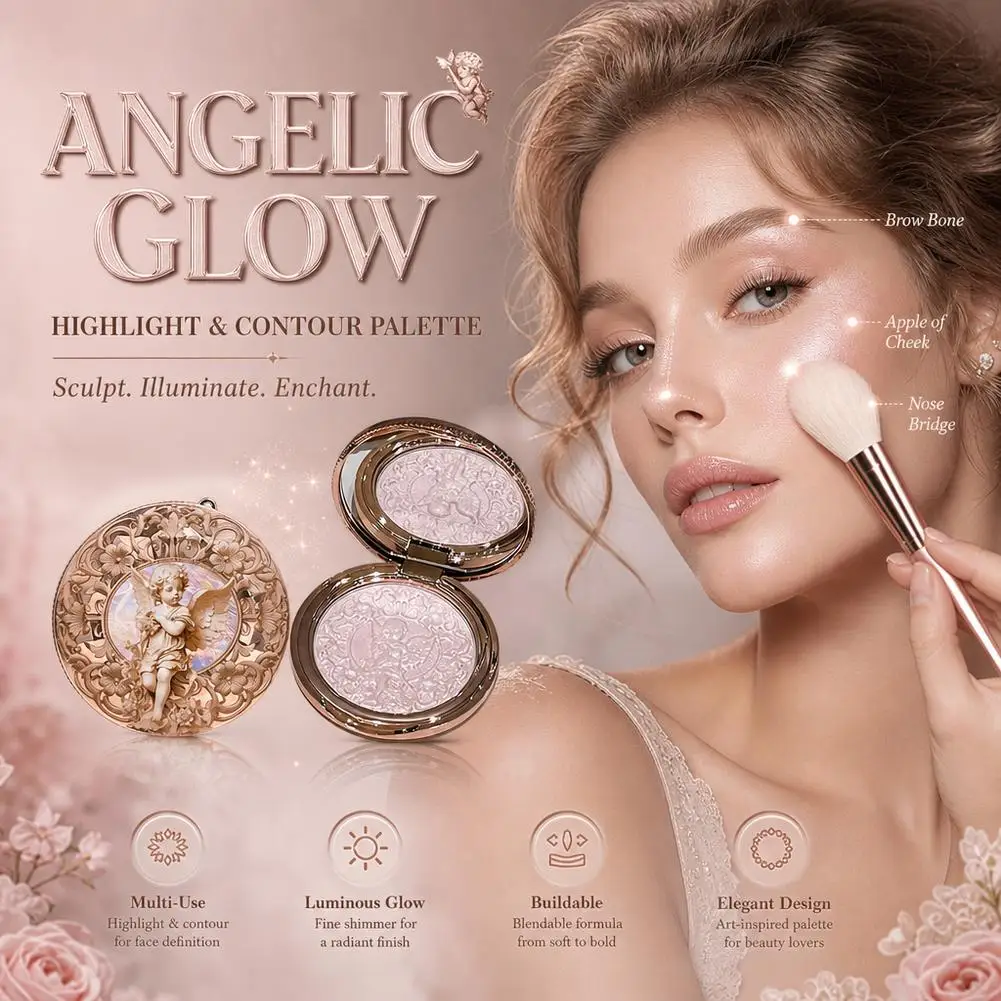 Angel Embossed Highlighter Powder Palette Shimmer Illuminating Face Highlight Powder Long Lasting Dewy Glow Makeup Cosmetics