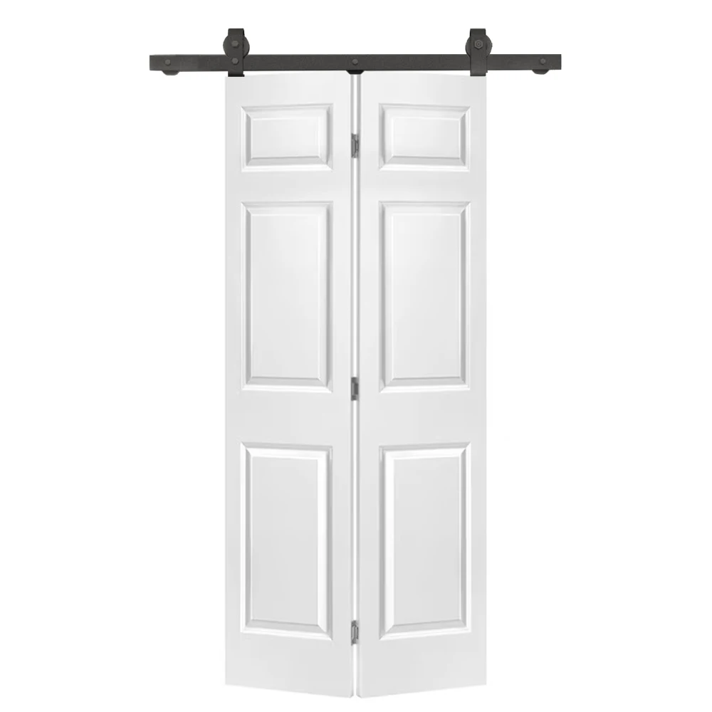 

30 in. x 80 in. 6-Panel White Painted MDF Composite Bi-Fold Barn Door with Sliding Hardware Kit