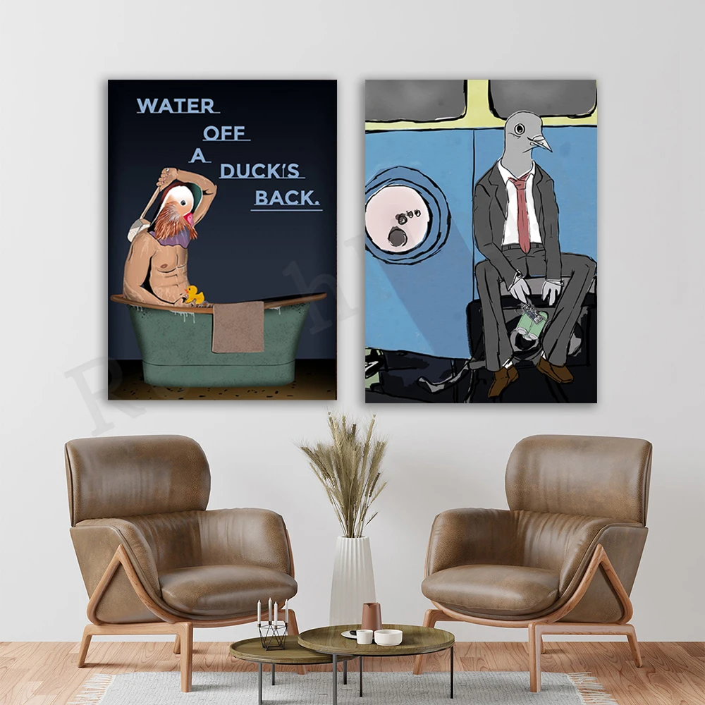 pigeon, human animal avatar, sitting on train, perfect for drinking beer, animal human theme, water on duck back, duck poster