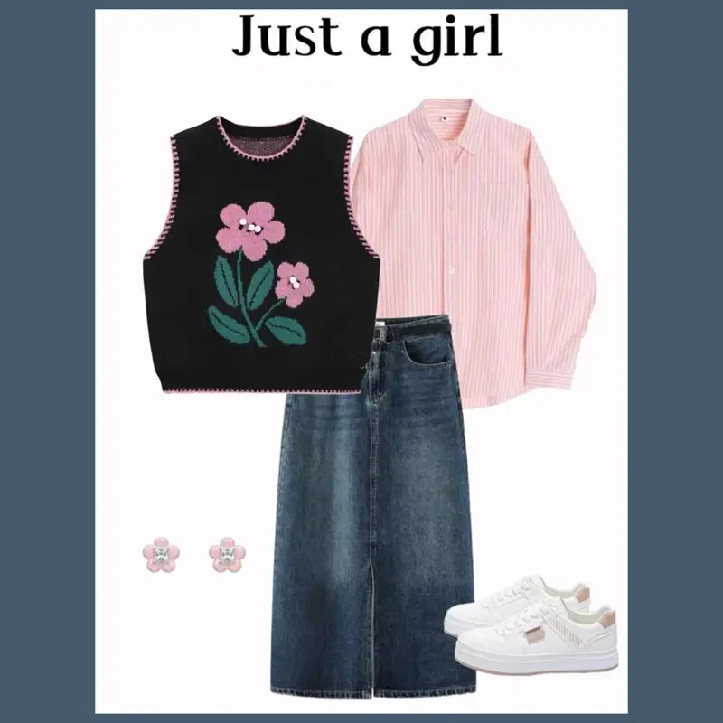 

Женский модный осенний комплект, длинный жилет с защитой от солнца Sve, джинсовая юбка, комплект из футболки, повседневный воротник с воротником-стойкой