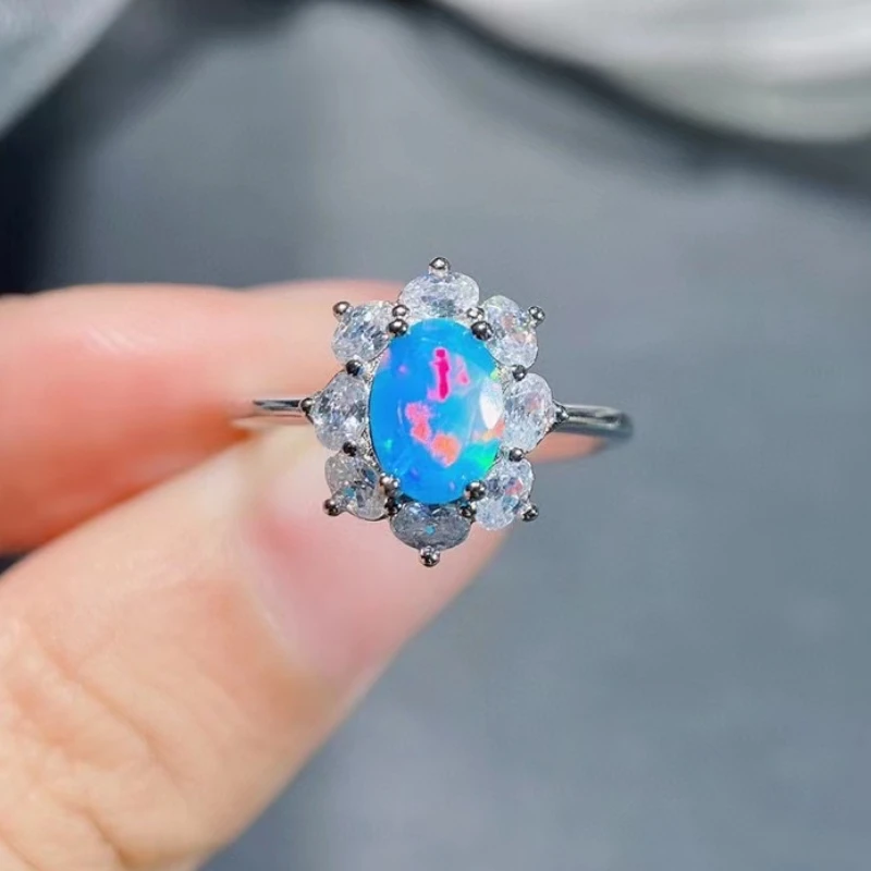 

925 Silver Brilliant Blue Opal Ring with 3 Layers Gold Plating 5mm*7mm Natural Opal Jewelry Gift for Woman