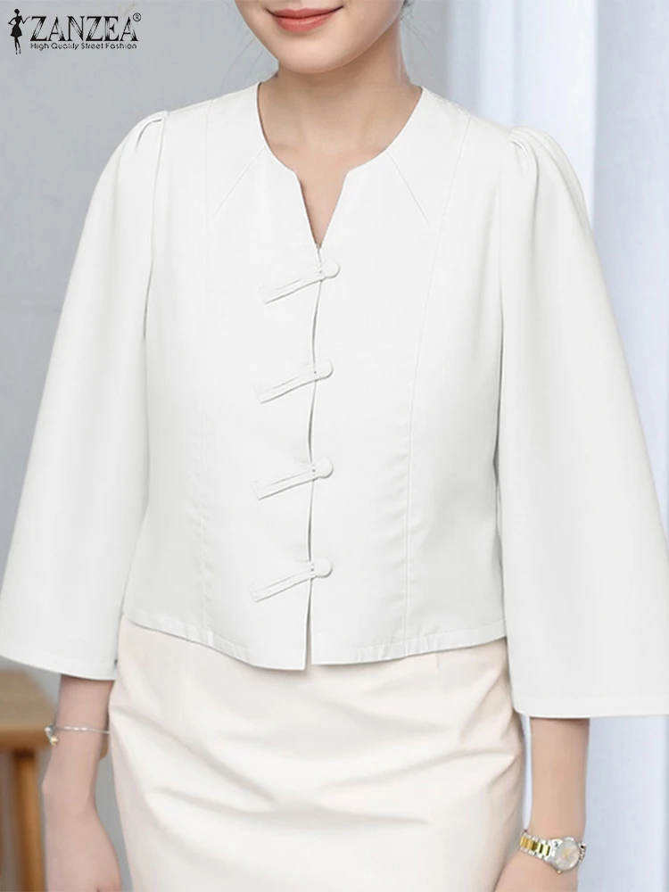 2025 Spring Shirts Women Vintage Chinese Style Tops ZANZEA Fashion Three Quarter Sleeve Tunic Casual V-Neck Buttons Blusas