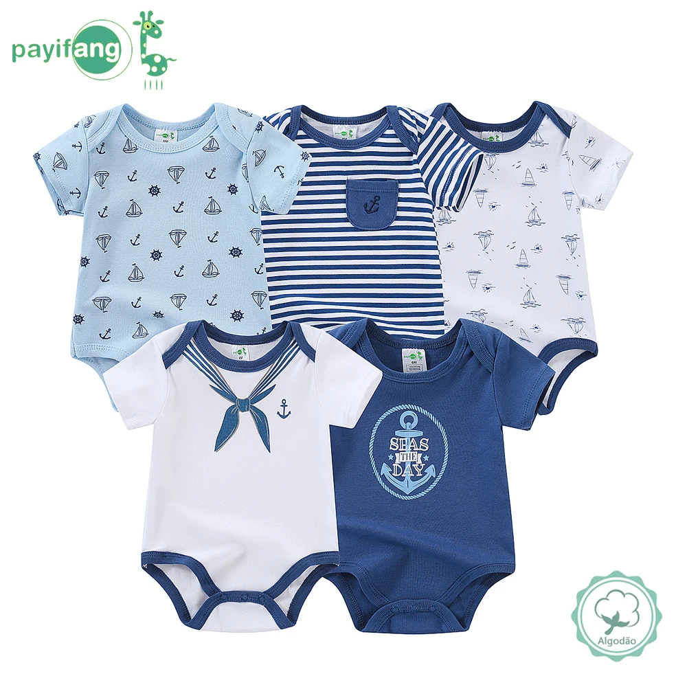 ベビーボーイロンパース5点セット、純綿半袖新生児ジャンプスーツ、ユニセックスセーラー風生地、柔らかく快適、ベビーボーイの最初の選択肢に最適