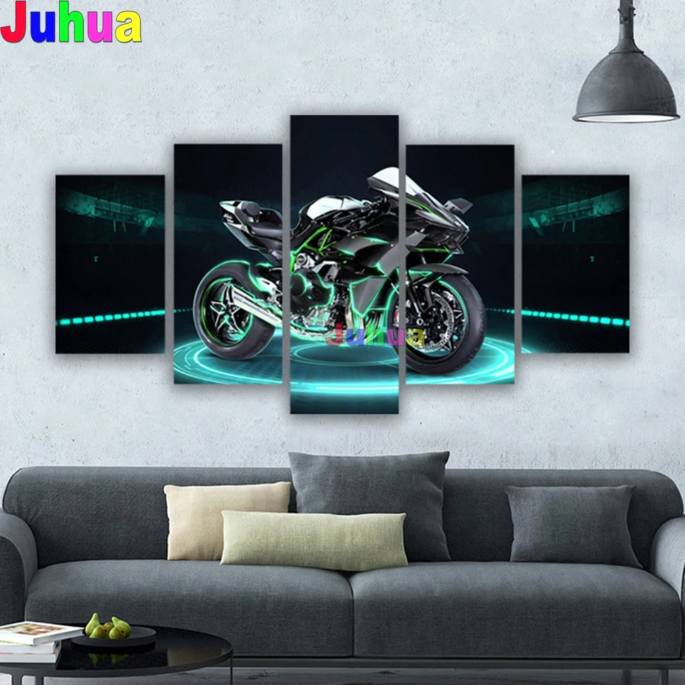 Green Muscle car Riding Motorcycle Diamond Painting Cross Stitch mosaic Crystal Art 5D DIY Diamond Embroidery 5 Panel