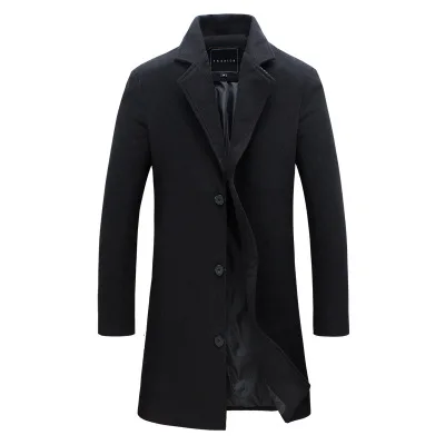 Men Autumn Winter Slim Fit Wool Blend Trench Coat Notched Lapel Mid Length Single Breasted Jacket Fashion Business Casual Coat