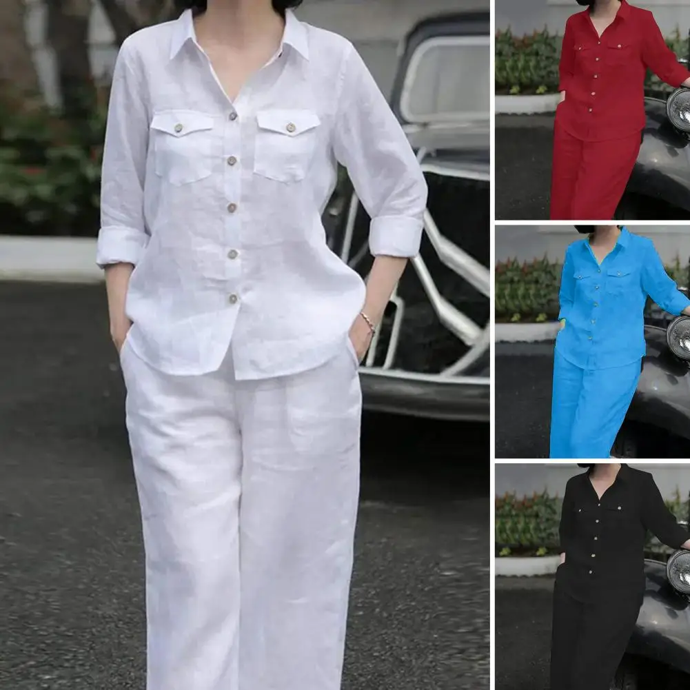 

Women Elegant Lapel Neck Long Sleeve Shirt Pants Sets 2PCS Fashion Autumn Outifits Solid Work OL Trousers Suits Tracksuit