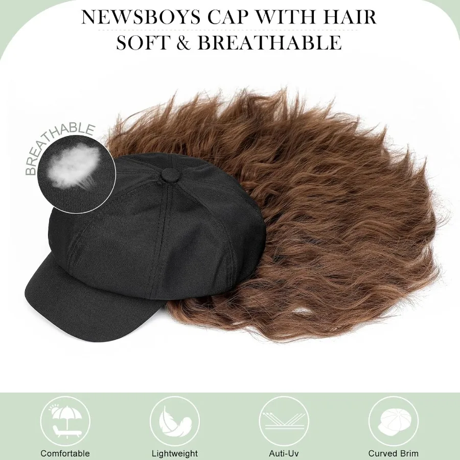 قبعة موزع الصحف متعددة الاستخدامات مع وصلات شعر صناعية مرفقة للنساء: قبعة شعر مستعار قصيرة مجعدة ومموجة على شكل بوب قبعة بيريه 8 لوحة D