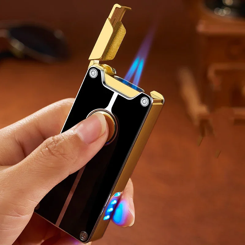 Metal Double Fire Direct Spray Lighter Windproof Battery Display Screen USB Blue Flame Inflatable Cigar Lighter Men\'s Gift