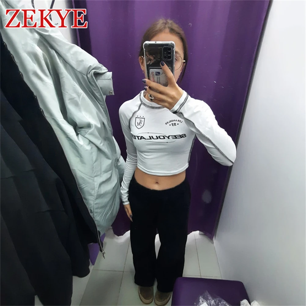 Zekye Streetwear Basic White Tee Shirts Long Sleeves Crewneck Slim Crop Tops Outfits Vintage Y2K Casual Clothes Aesthetic Tee