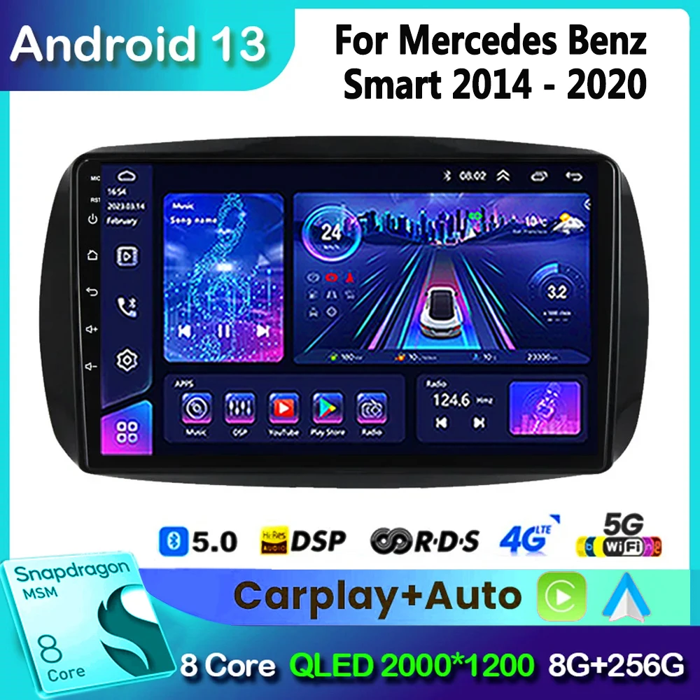 Leitor multimídia Android 13 Car Radio, Autoradio, Tela QLED, Carplay, 2Din, DVD, Mercedes Smart 453, Fortwo, 2014-2020