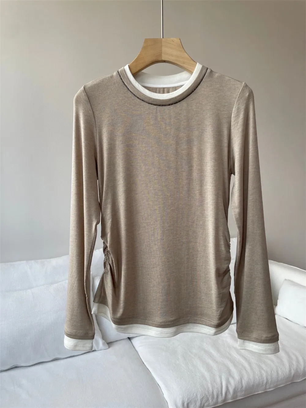 Autumn B*C Wool Tencel Fake Two-Piece Bottoming Shirt Female All-Match Long-Sleeved Pullover Top