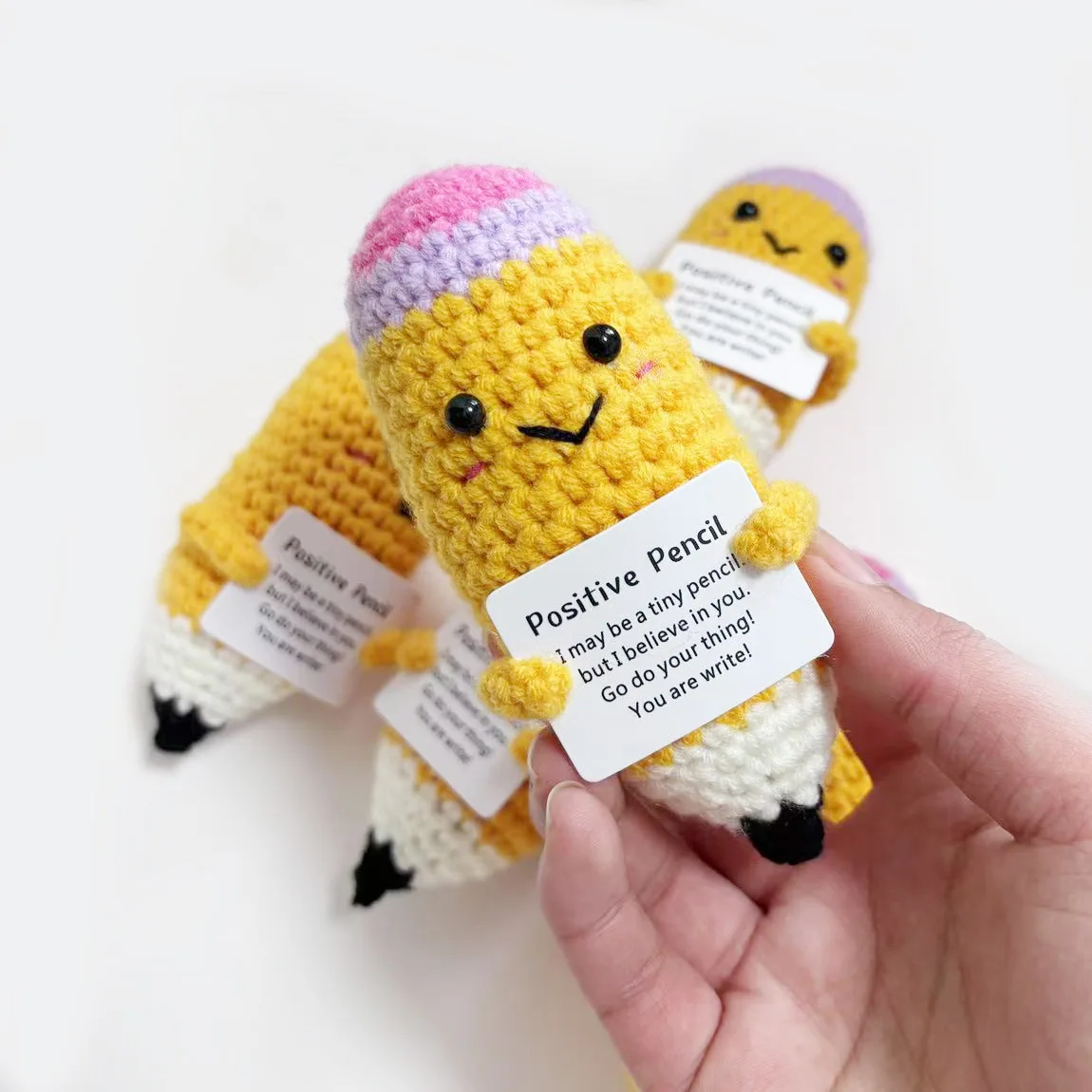 Funny Crochet Emotional Support Pencil Doll Handmade Wool Knitted Positive Energy Pencil Doll With Card Desktop Ornament Gifts