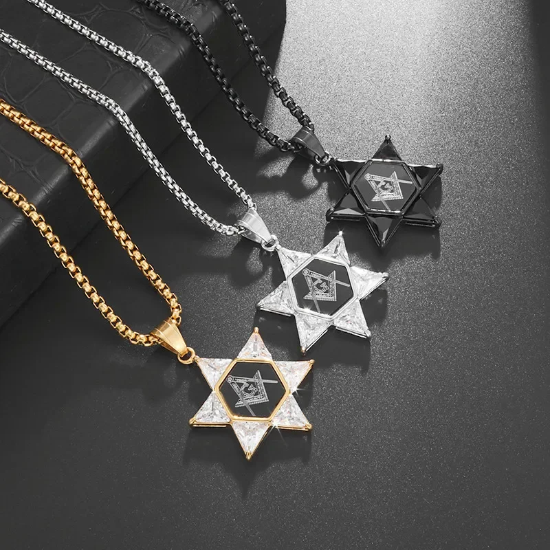 Masculino de alta qualidade metal banhado a ouro estrela de david maçônico pingente colar clássico punk estilo religioso amuleto jóias