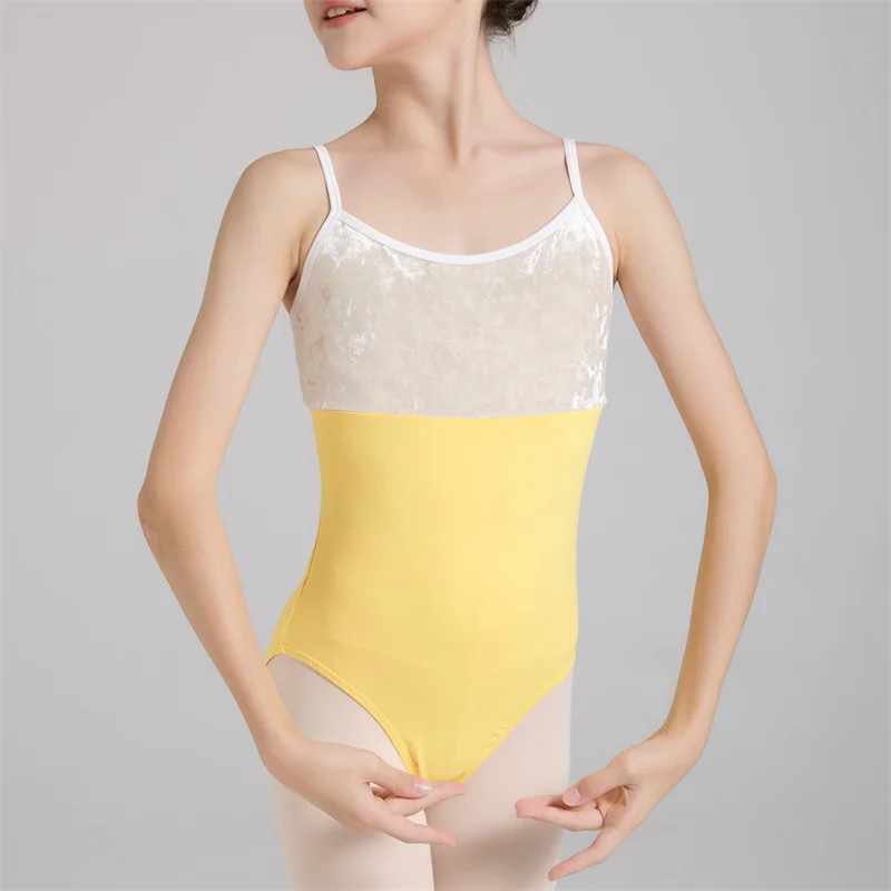 Veludo amarelo Ballet Dança Leotards para meninas, virilha openable Dance Practice Wear, camisola infantil, moda barata, alta qualidade