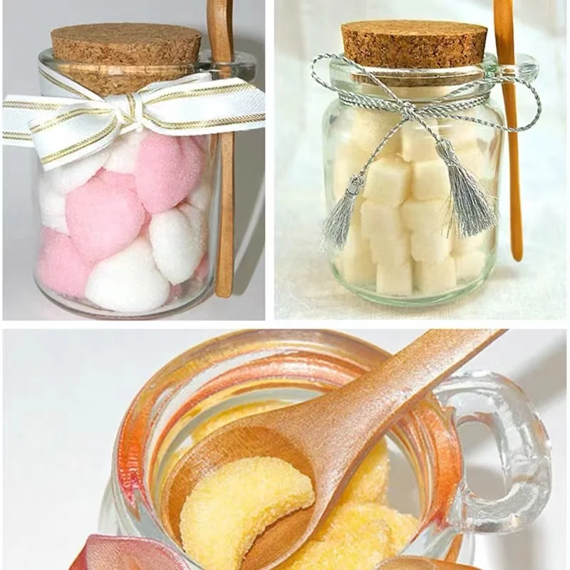 Glass Storage Jars with Cork Lids and Bamboo Spoons, for Bath Sea Salt, Spices, Honey, Teas, Candy, Candle Making,Diy