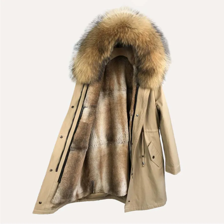 Parkas de pele real feminino parka de pele de guaxinim parka de inverno forrado de pele real com parkas de pele de coelho natural