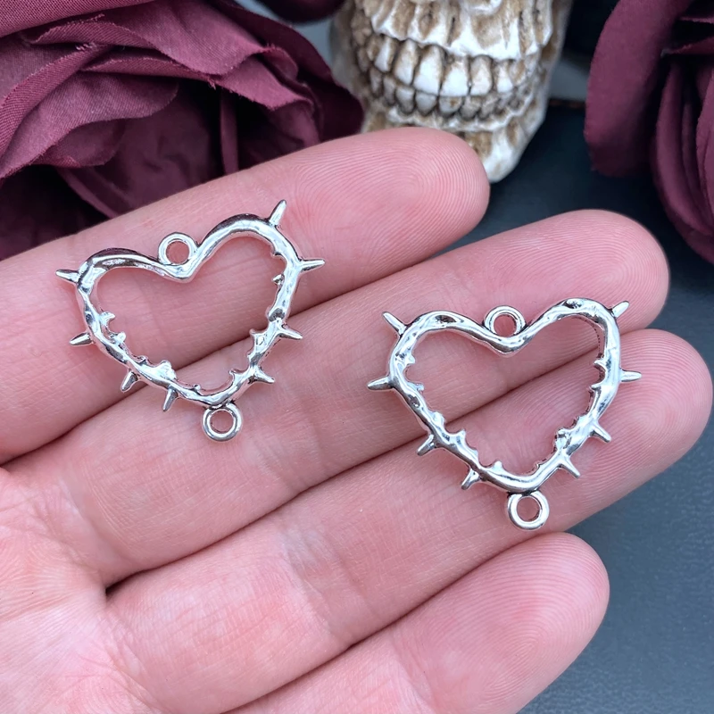 6pcs 31*28mm Goth Antique Silver Color Thorn Heart Connector Charms Pendants For Earrings Jewelry Making DIY Jewelry Findings ﻿