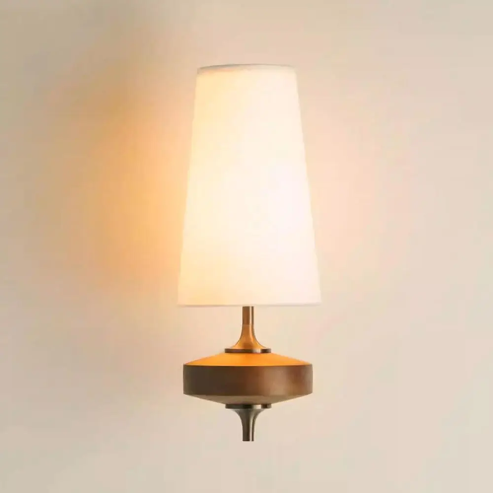 Mid Century Wall Sconce Light Green Tapered Fabric Shade Wood Brass Accent Wall Mount Indoor for Sofa Bedroom Entryway Hallway