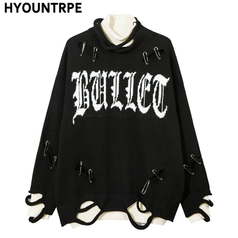 Men Knitted Sweater Harajuku Fake Two Pieces Loose Sweater Casual Ripped Holes Shoulder Long Sleeve Pullover Streetwear Sweaters