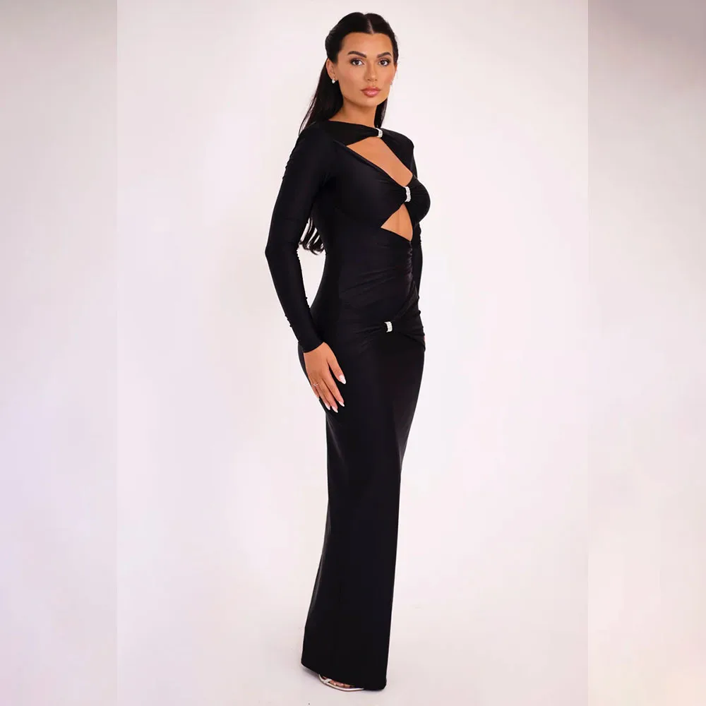 Elegant Bodycon Long Sleeve Maxi Dress For Women Sexy Hollow Out Solid Color Cut Out Club Party Long Dress Slim Evening Vestidos