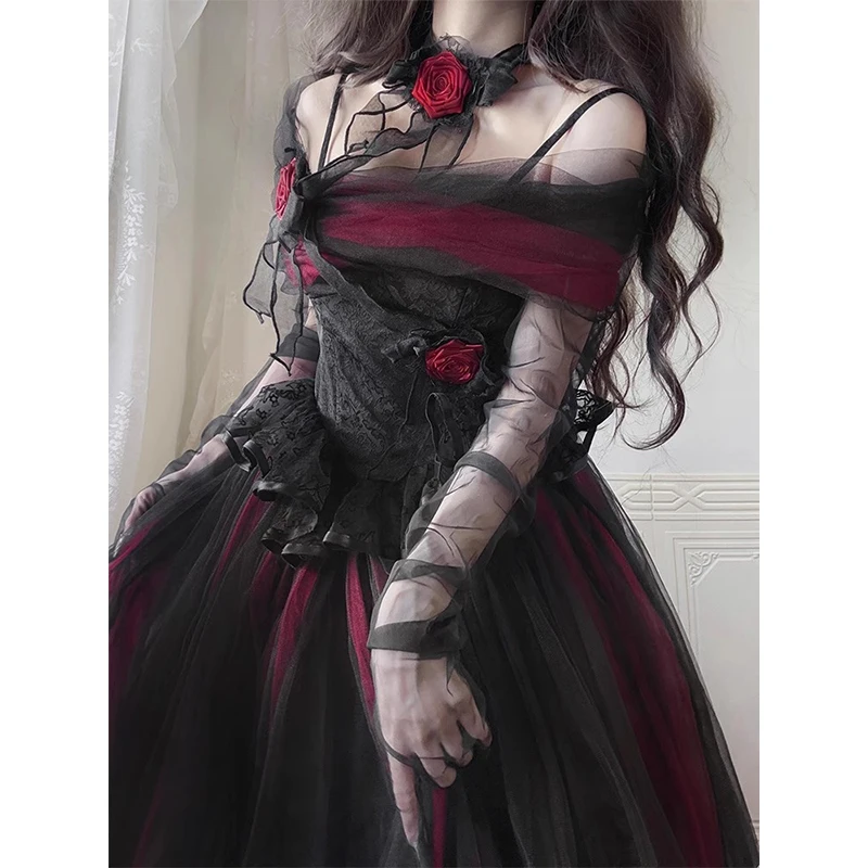 Gothic Red and Black Lolita Strapless Dress Jsk Women's Lace Mesh Birthday Party Dress Women's Sweet Cool Slim Long Dresses - AliExpress 200000345 Gothic Red and Black Lolita Strapless Dress Jsk Women's Lace Mesh Birthday Party Dress Women's Sweet Cool Slim Long Dresses - AliExpress 200000345