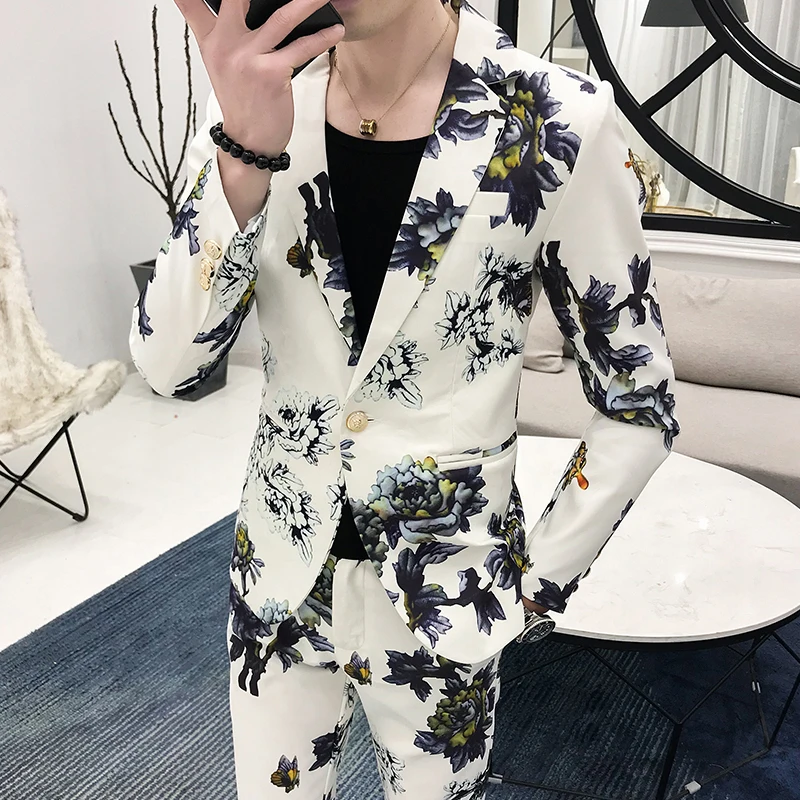 Chaquetas y pantalones para hombre, Blazers de negocios estampados de primavera, traje informal ajustado de dos piezas, S-3XL de vestido de novia