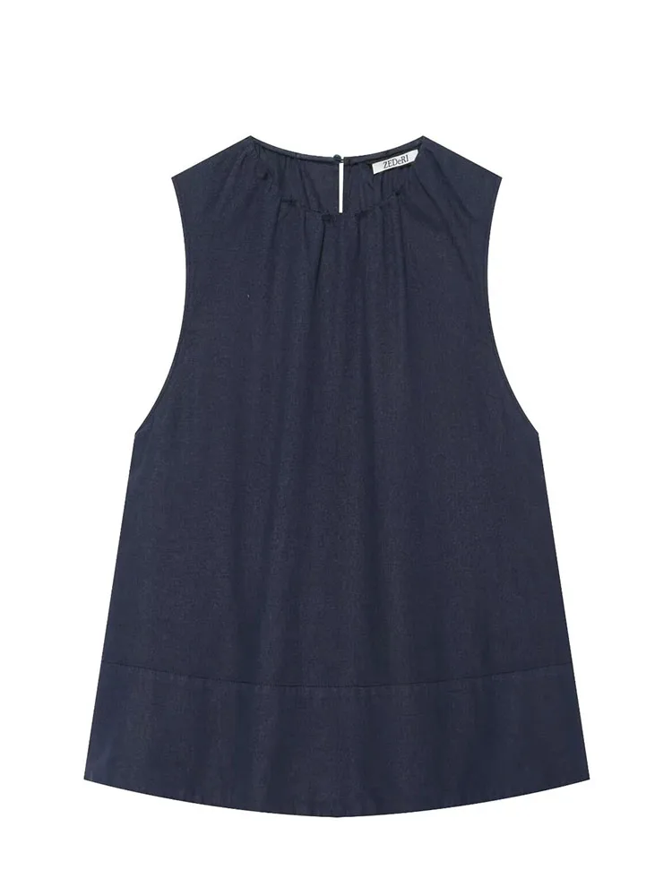 HH Women Summer Chic Crew Neck Sleeveless Blouse Navy Paneled Hem Flattering Fit Elegant Top For Brunch Gathering Party Wear