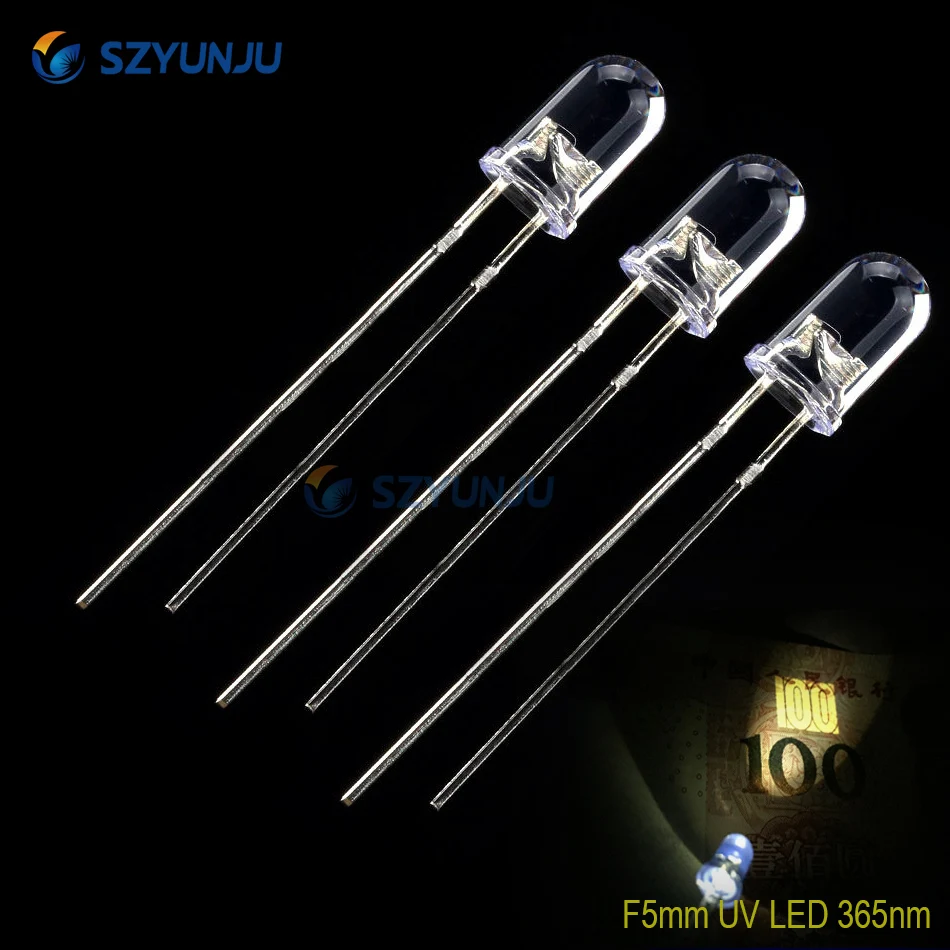 100Pcs 2pin Round UV LED Lamp Ultra Violet UV 5mm Purple 365nm Clear Purple light